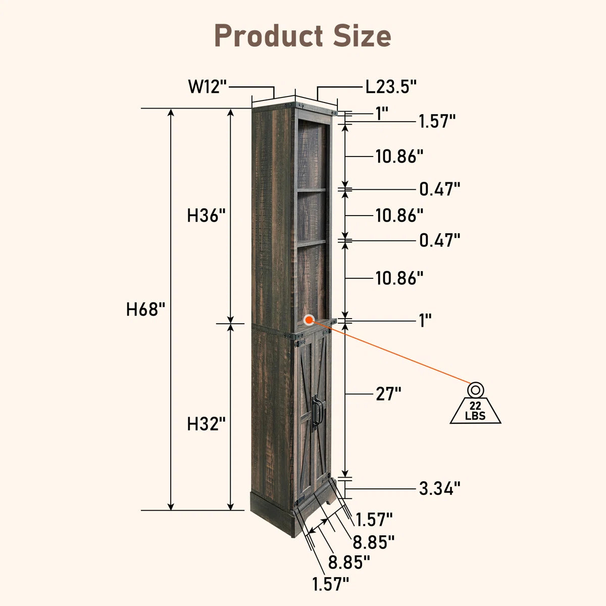 Snake River 68”H Freestanding Corner Bathroom Cabinet, Adjustable Shelves, 1 Storage Cabinet